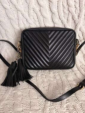 Quince Black Quilted Crossbody Bag with Tassel Accent